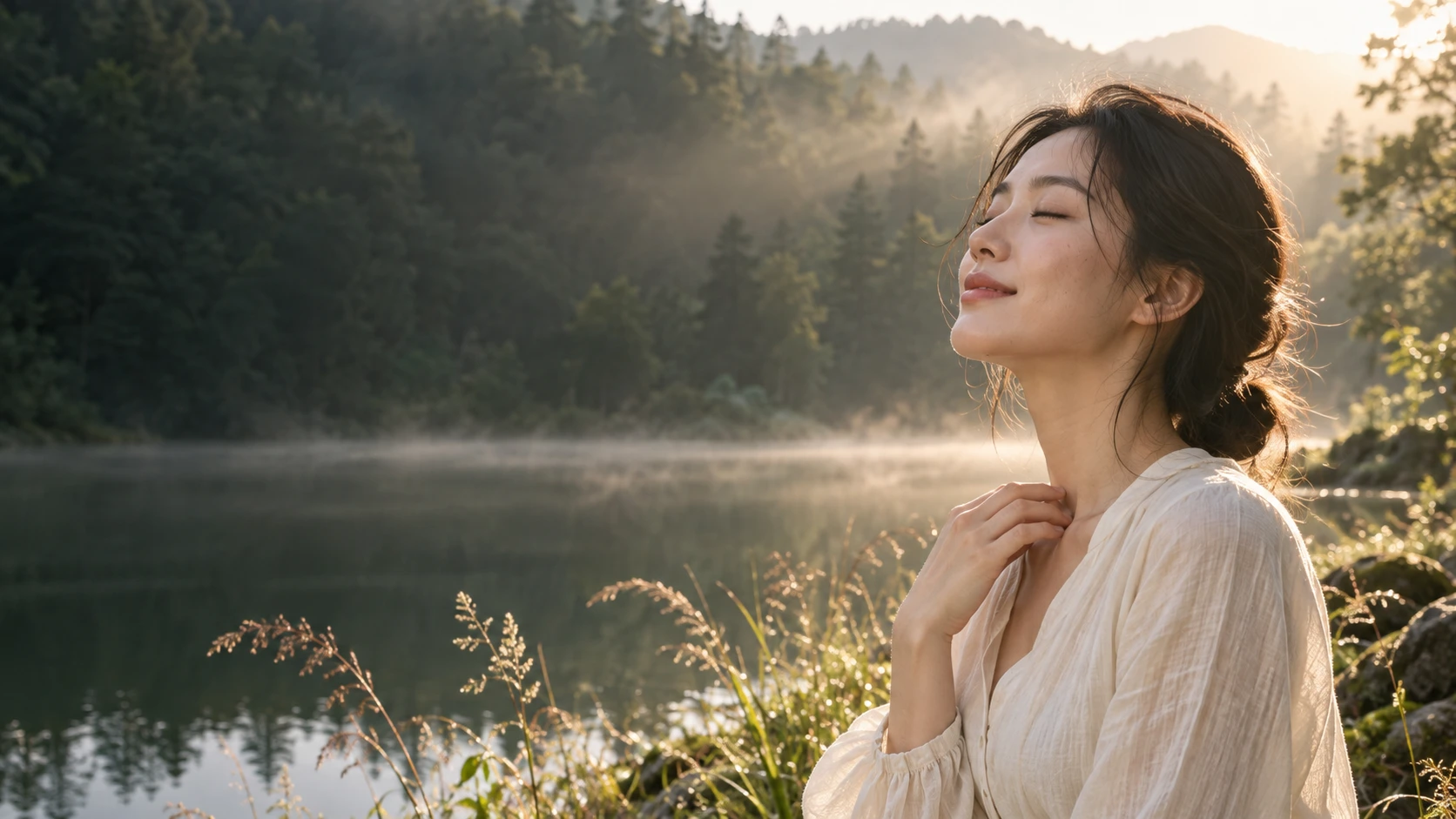 새벽 호숫가의 여성